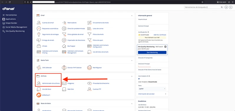 Ajustes avanzados del wp-config.php en WordPress 2 Administrador de archivos de cPanel