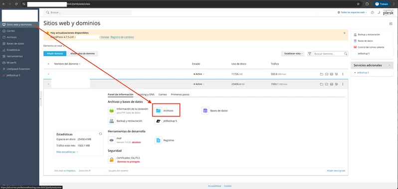 Ajustes avanzados del wp-config.php en WordPress 4 Sección Archivos en el panel Plesk