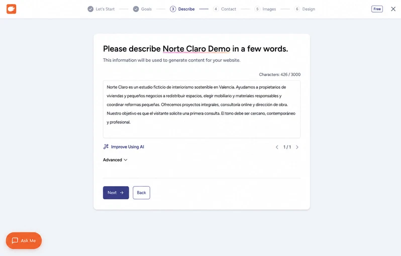 ZipWP: qué es, cómo funciona y lanza tu web con IA en minutos 5 Formulario de ZipWP para indicar nombre, tipo de negocio y objetivos del sitio