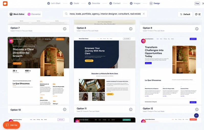 ZipWP: qué es, cómo funciona y lanza tu web con IA en minutos 7 Propuestas de diseño que genera ZipWP para elegir la plantilla del sitio