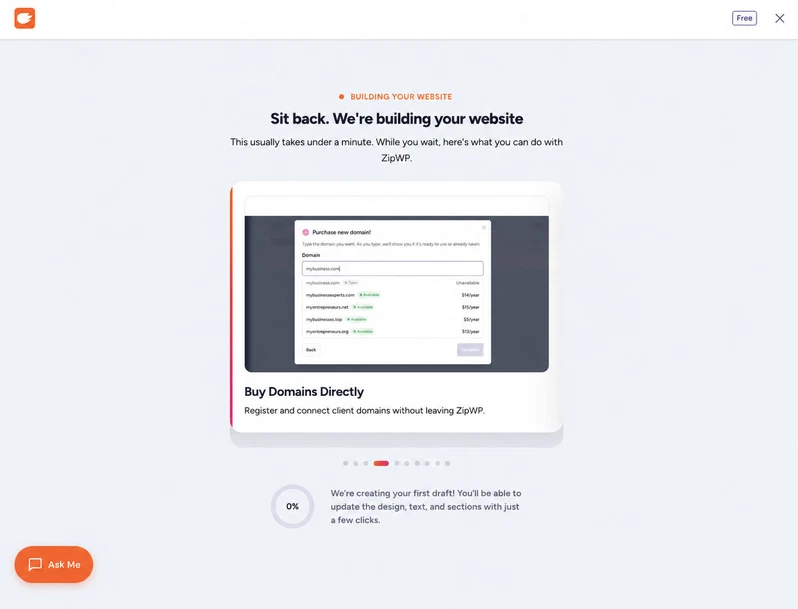 ZipWP: qué es, cómo funciona y lanza tu web con IA en minutos 10 Pantalla de generación de ZipWP con el progreso detenido en el 0 %