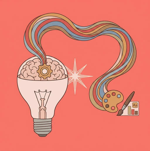 Herramientas de IA para presentaciones: cuáles funcionan y precios 3 Bombilla con un cerebro en su interior y trazos de color hacia una paleta, idea visual de la IA para presentaciones