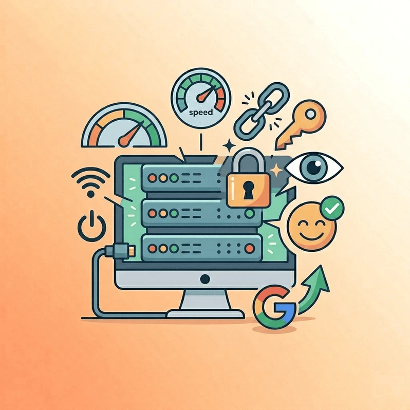 Cómo elegir hosting web según el tipo de proyecto 4 Ilustración de las características técnicas de un hosting con iconos de velocidad, seguridad y rendimiento SEO