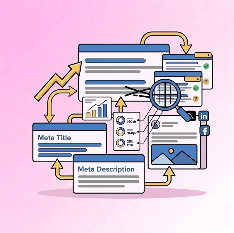 Qué es la meta description y cómo redactarla 4 Diagrama de meta title y meta description con impacto positivo en buscadores y redes sociales