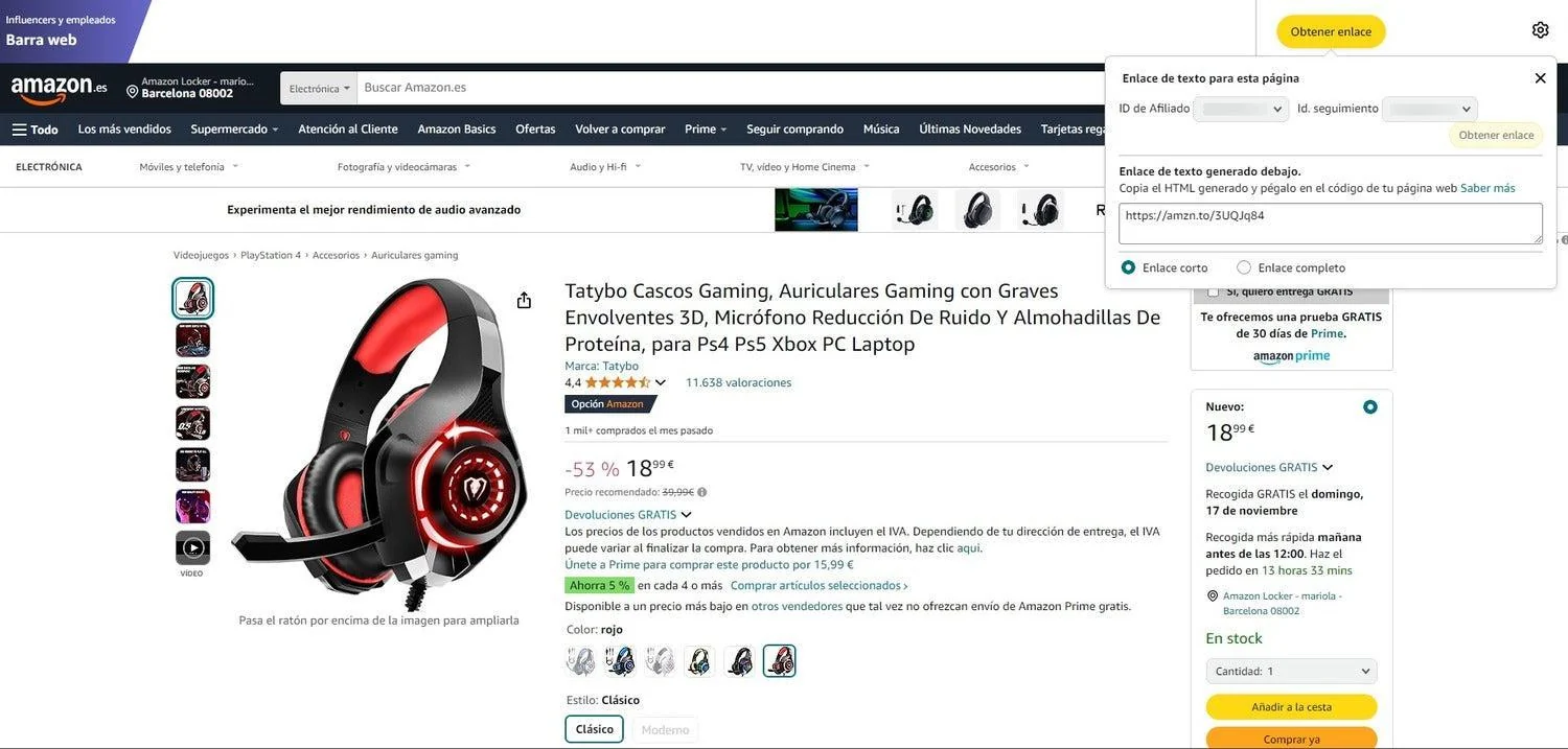 Marketing de afiliados de Amazon: guía para ganar dinero en 2026 8 Captura de pantalla de la herramienta de Amazon Afiliados para crear enlaces