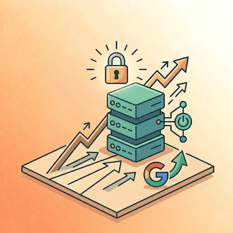 Cómo elegir hosting web según el tipo de proyecto 5 Ilustración de un servidor de hosting con flechas de crecimiento, candado de seguridad y mejora del posicionamiento en Google