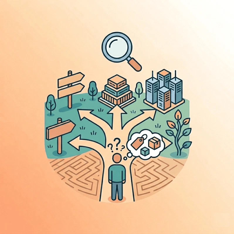 Cómo elegir hosting web según el tipo de proyecto 2 Ilustración de una persona ante un cruce de caminos que representa el dilema de elegir el hosting adecuado para su we