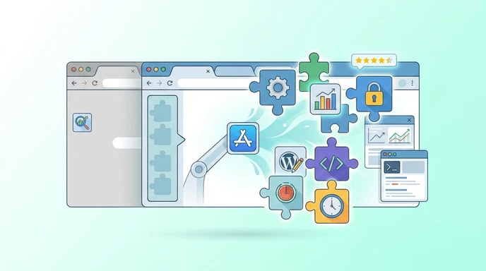Extensiones de Chrome: qué son, cómo instalarlas y las mejores por perfil 2 Ilustración de un navegador Chrome rodeado de iconos de extensiones de productividad, seguridad, desarrollo y WordPress