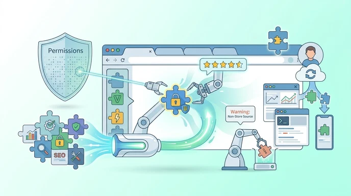 Extensiones de Chrome: qué son, cómo instalarlas y las mejores por perfil 4 Ilustración de un escudo de permisos filtrando la instalación de una extensión de Chrome en el navegador