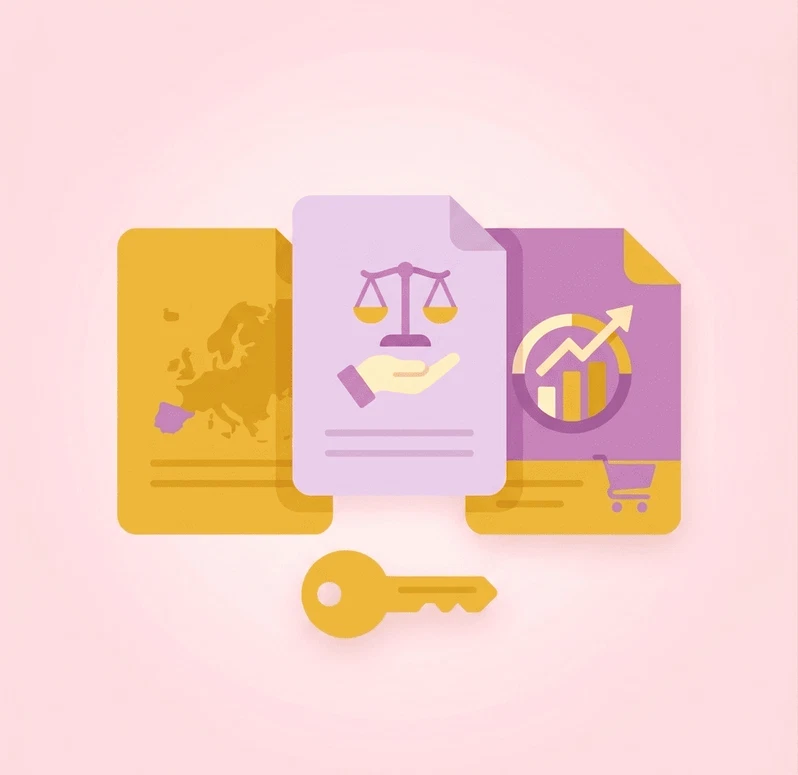 Textos legales obligatorios en tu web para cumplir RGPD y LOPDGDD 2 Composición gráfica que presenta tres documentos representando el RGPD, la LOPDGDD y la LSSI, acompañados por un mapa de Europa, una balanza de la justicia y un gráfico de crecimiento profesional junto a una llave dorada.