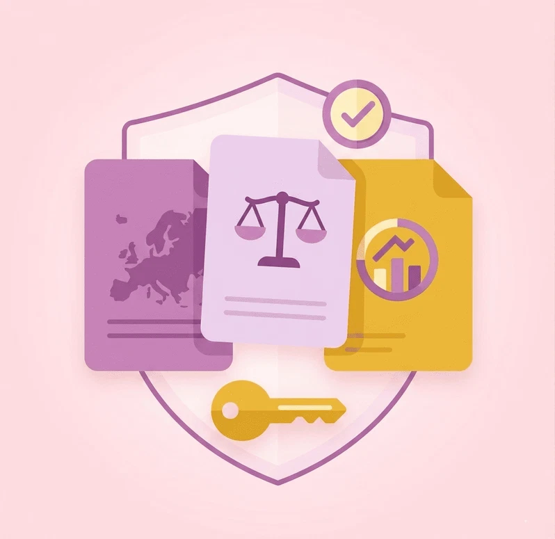 Textos legales obligatorios en tu web para cumplir RGPD y LOPDGDD 4 Tres documentos legales centrados sobre un gran escudo protector lineal de color violeta, con una marca de verificación en la parte superior y una llave dorada en la base, transmitiendo confianza y cumplimiento normativo.