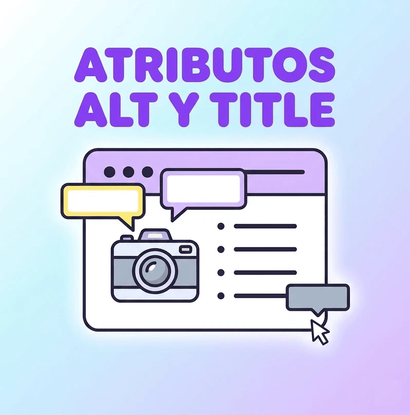 Atributos alt y title en imágenes representados con una cámara y una ventana de código.