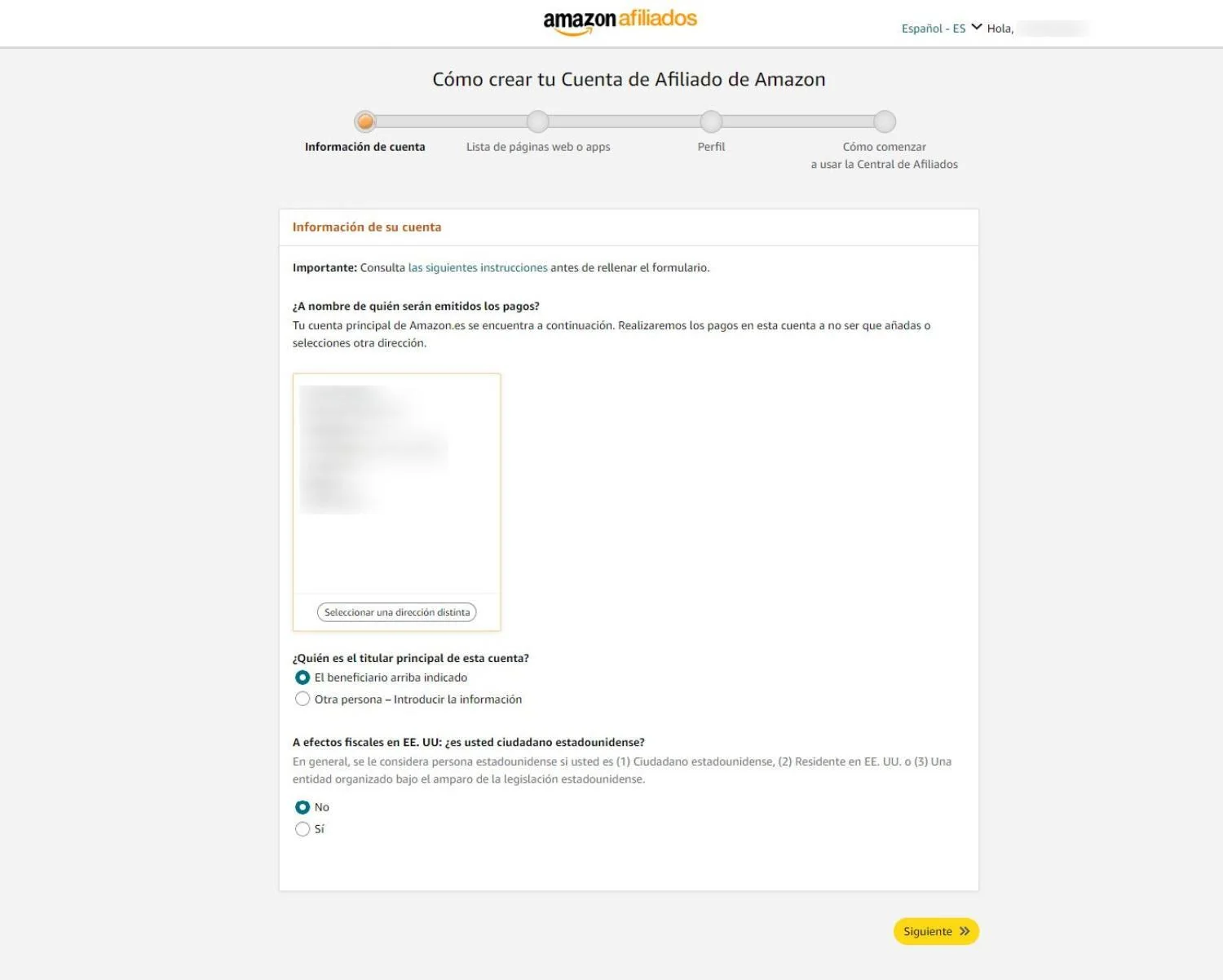 Marketing de afiliados de Amazon: guía para ganar dinero en 2026 3 Captura de pantalla de la página de datos del registro en Amazon Afiliados