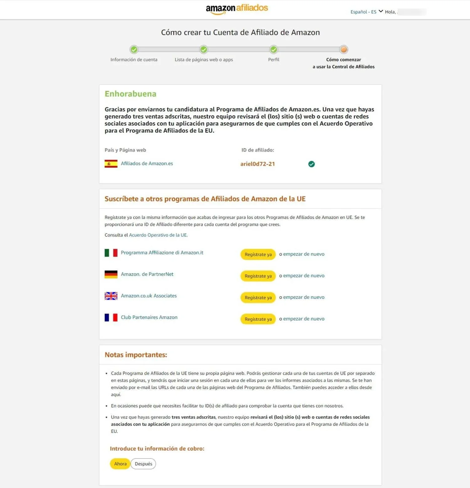 Marketing de afiliados de Amazon: guía para ganar dinero en 2026 6 Último paso en el registro del programa de marketing de afiliados de Amazon