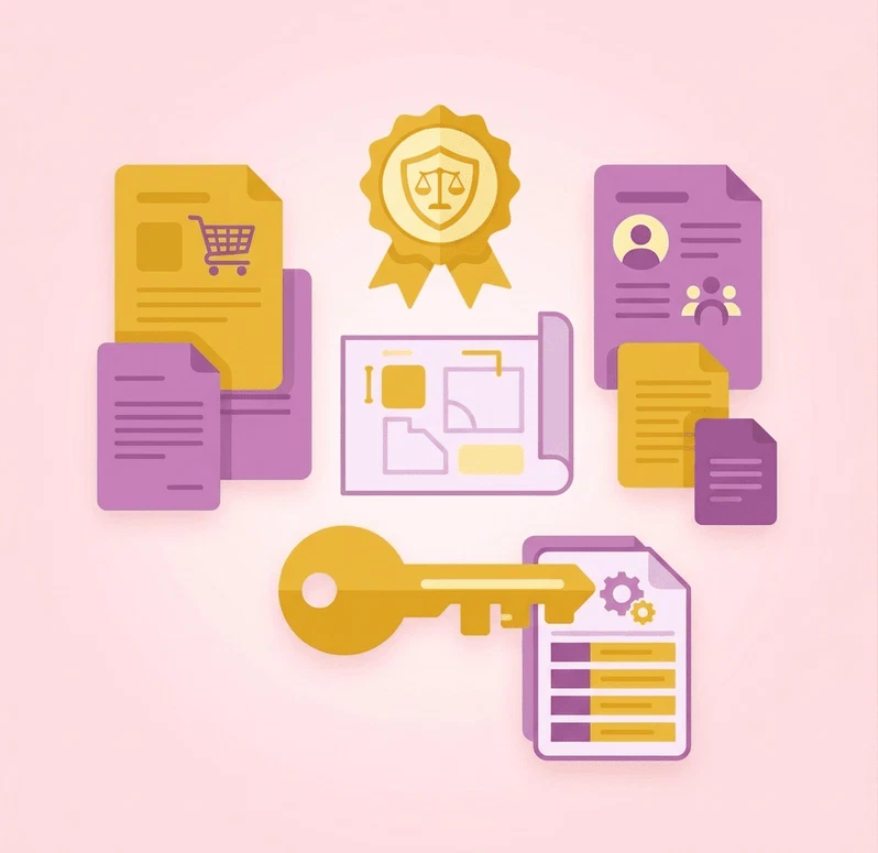 Textos legales obligatorios en tu web para cumplir RGPD y LOPDGDD 5 Conjunto de elementos gráficos que incluyen una medalla de garantía legal, iconos de perfiles de usuario, un carrito de compra, un esquema de planificación y una llave activando un documento con engranajes, representando el proceso de puesta a punto legal.