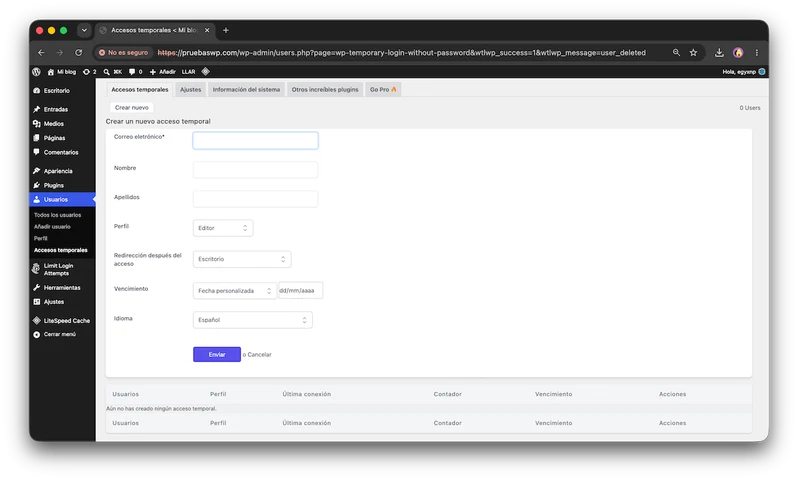 Usuarios en WordPress: los 5 roles que puedes asignar 5 Formulario del plugin Temporary Login Without Password para crear un acceso temporal en WordPress
