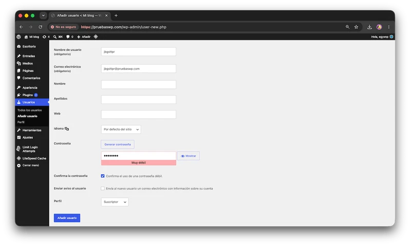 Usuarios en WordPress: los 5 roles que puedes asignar 3 Formulario para añadir un nuevo usuario en WordPress con los campos nombre, correo, contraseña y perfil