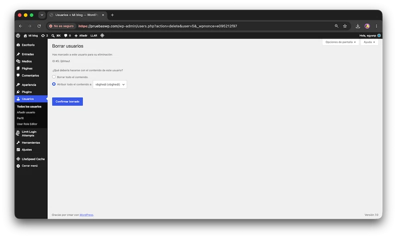 Usuarios en WordPress: los 5 roles que puedes asignar 7 Pantalla de WordPress para borrar un usuario, con la opción de conservar o eliminar su contenido