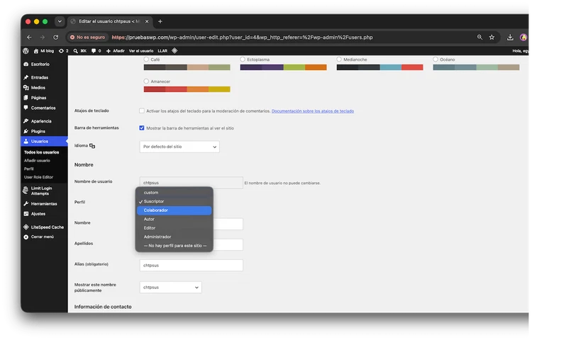 Usuarios en WordPress: los 5 roles que puedes asignar 4 Menú desplegable de perfil al editar un usuario en WordPress para cambiarle el rol
