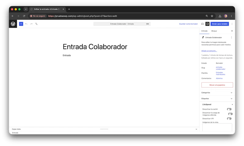 Usuarios en WordPress: los 5 roles que puedes asignar 2 Editor de WordPress con el botón Enviar para revisión que ve el rol Colaborador en lugar de Publicar