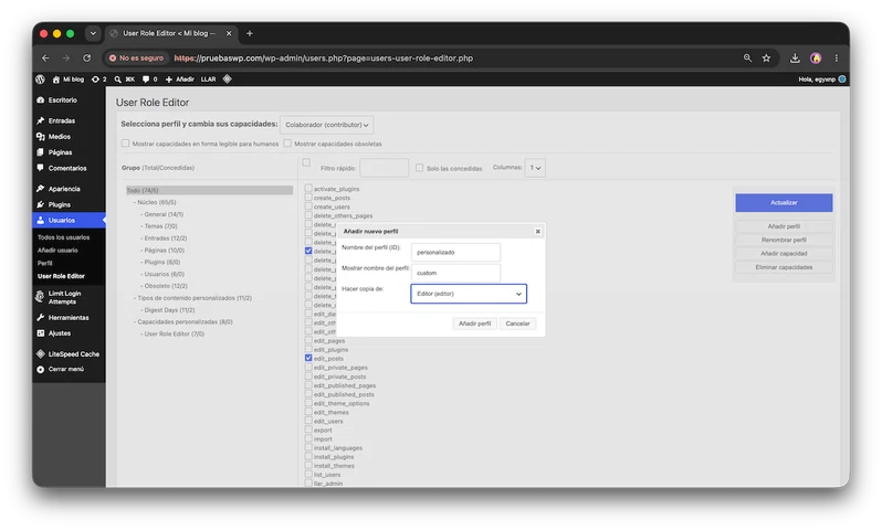 Usuarios en WordPress: los 5 roles que puedes asignar 6 Plugin User Role Editor mostrando las capacidades disponibles para crear un rol personalizado en WordPress